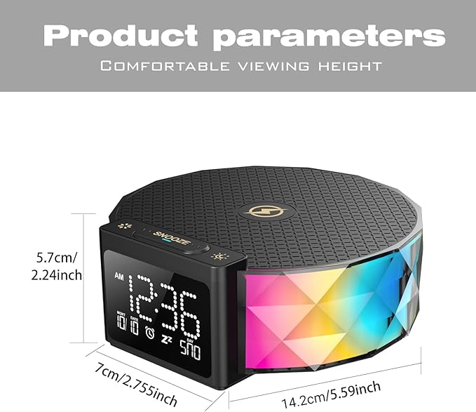 YIDPU Alarm Clock with Fast Wireless Charging 15W,Digital Alarm Clock Night Lamp for Bedroom, RGB Nightlight for 5 Colors,Snooze Mode,8 Types of Music with Cable (Black)