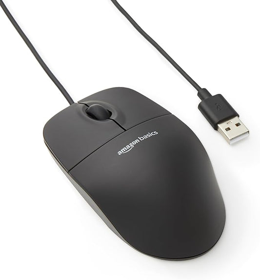 Amazon Basics 3-Button USB Wired Mouse with Responsive Tracking, Plug & Play, Compatible with Windows and Mac, Black