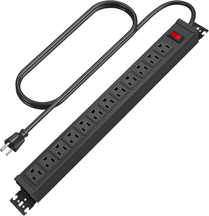 HHSOET Rotating Mountable Power Strip, 12 Outlet Wall Mount Surge Protector, 1200J, Metal Heavy Duty and Versatile Outlet Strip, Stylish Appearance, Sturdy and Durable, 10ft Power Cord.(Black)