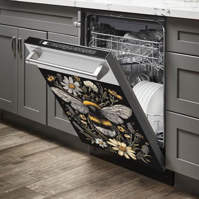 Flower and Bee Pattern Dishwasher Magnet Cover Sticekr,Refrigerator Magnet Cover Decal Fridge Microwave Stickers Kitchen Decor,23W x 26H inchs