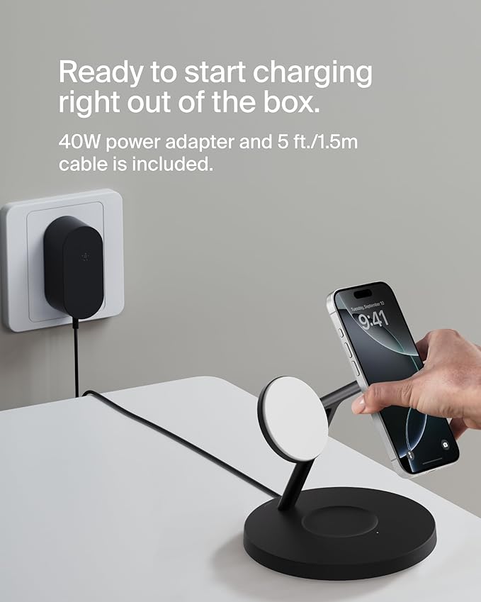 Belkin MagSafe-Compatible iPhone Charger, 3-in-1 Wireless Charging Station, Qi2-Certified 15W Wireless Charge for Apple iPhone 17 Series, Apple Watch, AirPods w/Non-Slip Base, 40W Included - Black