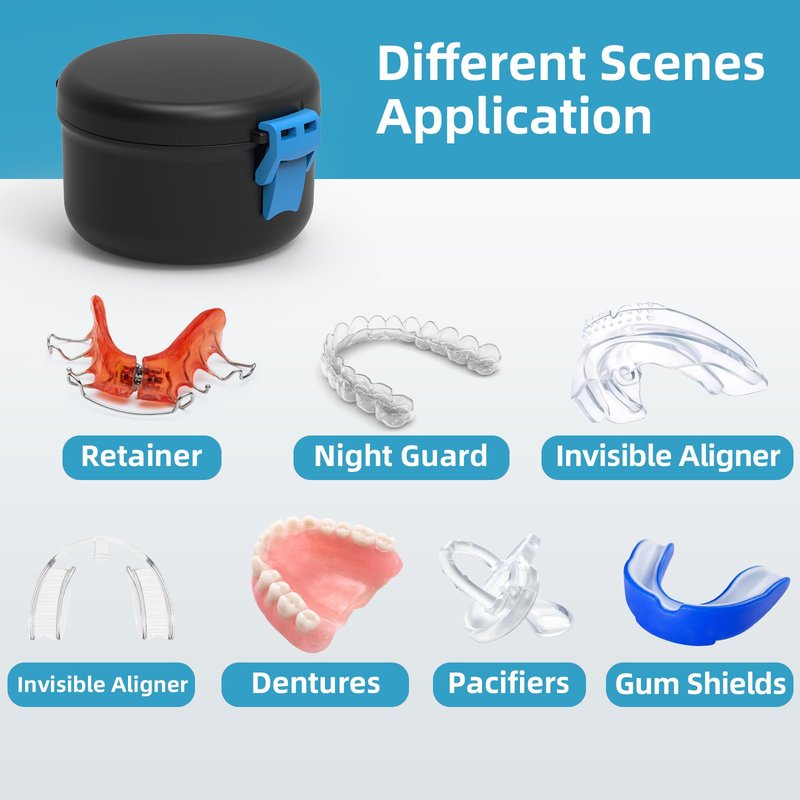 BVN Leak-Proof Denture Bath Cup for Travel, Denture Cup for Soak Dentures, Retainer Cleaning Case with Strainer (Black + Blue)