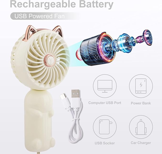 QearFun Handheld Lanyard Fan Portable, Mini Hand Held Fan with USB Rechargeable Battery, 3 Speed Strong Personal Table Fan, 8-12 Hours Small Makeup Fan for Girls Women Travel (White)