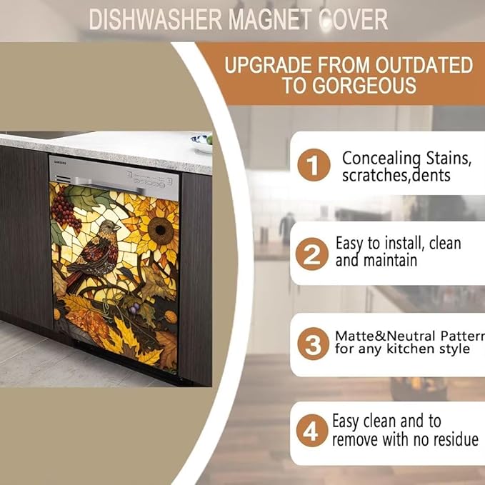 Stained Glass Bird Dishwasher Door Panel Decal Cover, Stained Glass Art Dishwasher Full Door Cover Sunflower Grape Dishwasher Sticker - 23" W x 26" H Ordinary