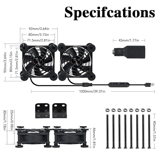 Xiaoqijia Dual 80mm Cooling Fan - 10-Speed USB 5V/DC 12V Power, IPX5 Waterproof for Tablet, TV, Router, Xbox, DVR, Computer Cabinet, Greenhouse & Kennel Component Cooling