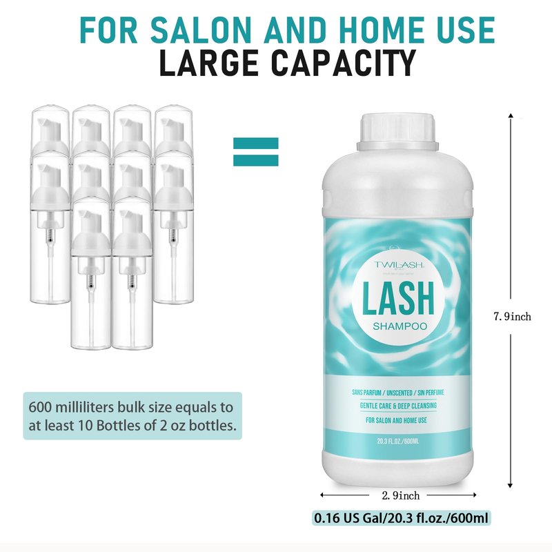 600ml Lash Shampoo Bulk, Eyelash Cleanser for Extensions, Safe Makeup Remover, Non-irritating or Burning Formula Eyelid Foaming Cleanser Best for Professional Salon and Home Use (Unscented)