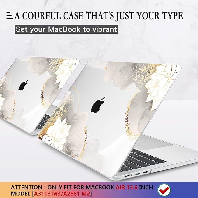 CISSOOK for MacBook Air 13.6 inch Case 2026 2025 2024 2023 2022 Release Model A3449 A3240 A3113 A2681, Lotus Hard Shell Case Keyboard Cover for MacBook Air 13 M2 M3 M4 M5 Chip, Charming Painting
