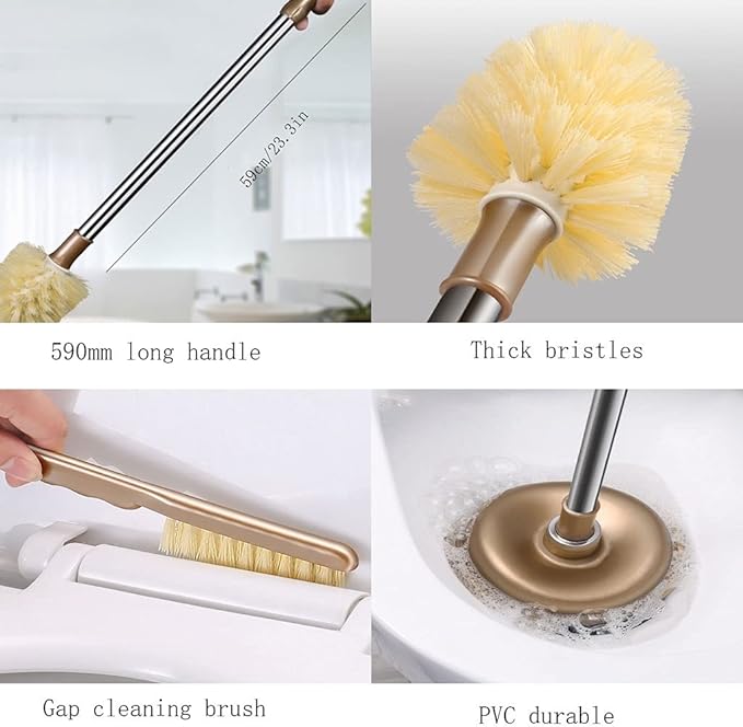 Toilet Bowl Cleaning Brush and Holder Set for Bathroom Storage and Organization, Plunger and Bowl Brush Combo for Bathroom Cleaning, Strong Bristles （2 Brush,1 Holder）, Golden, 48x21x13, kfp