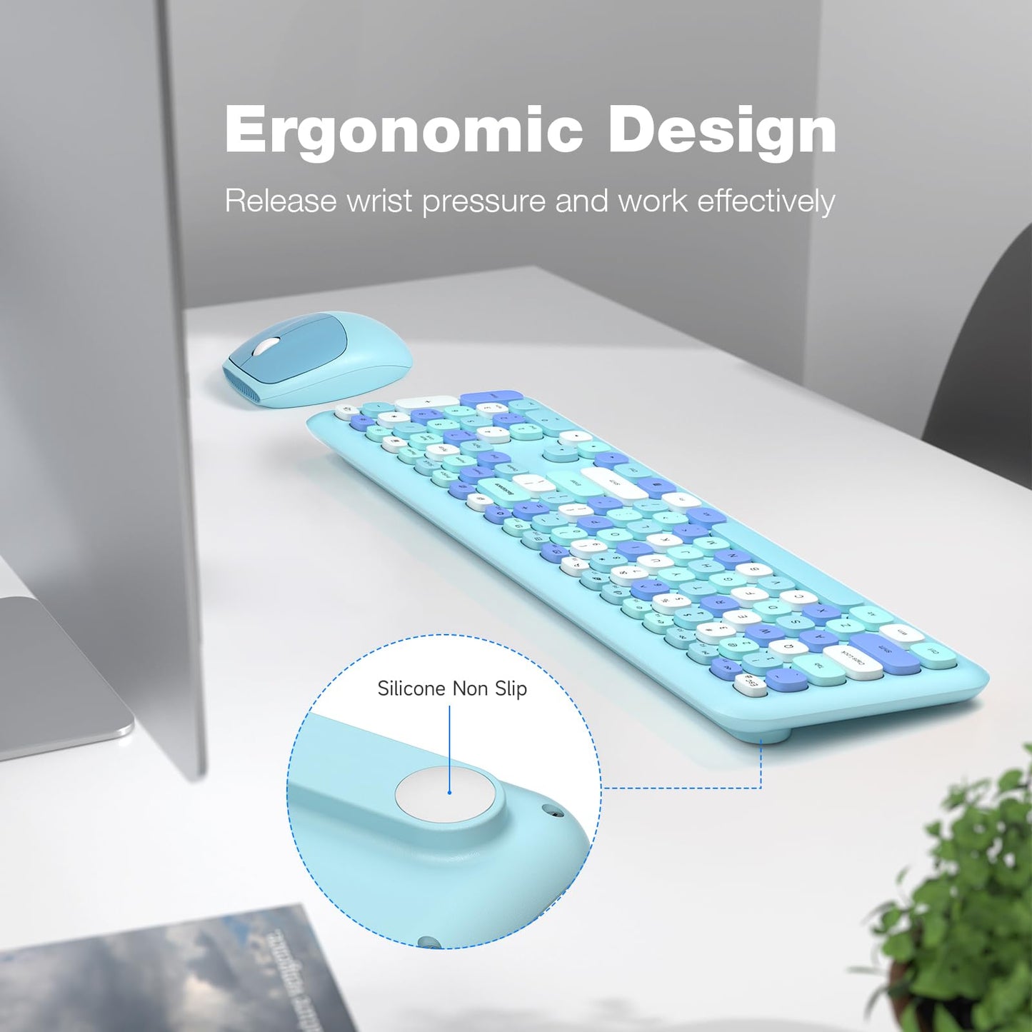KNOWSQT Wireless Keyboard and Mouse Combo, Pale Blue Full-Sized 2.4G Silent Keycap Colorful Keyboards, USB Dongle Plug Play, Laptop, Windows, PC, Mac, Desktop