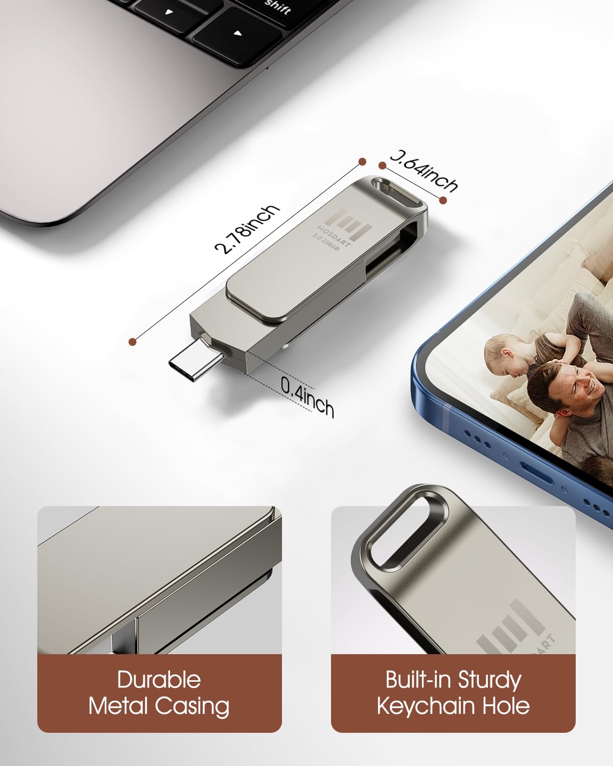 MOSDART 256GB USB C 3.2 Fast Speed C and A Dual Flash Drive, exFAT Memory Stick with Keychain Loop, for iPhone 15,16,17, Android Phone, iPad, MacBook, Silver