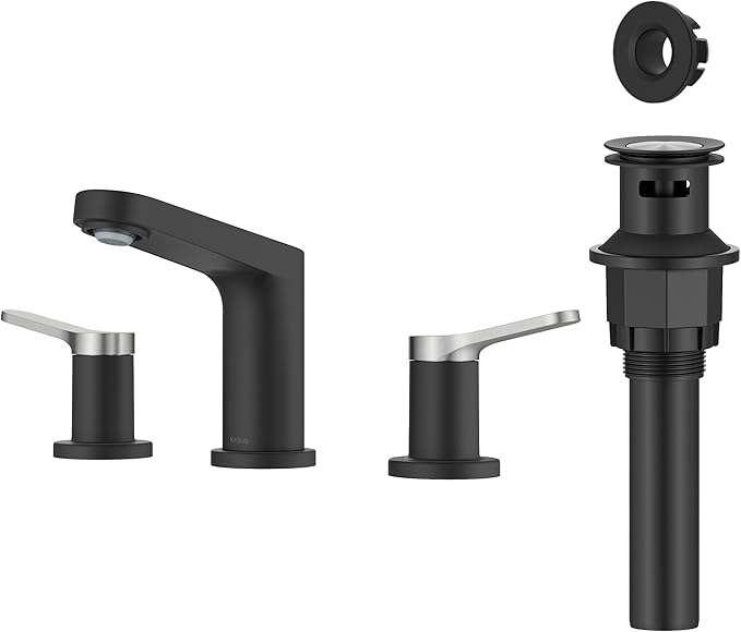 KRAUS Indy Widespread Bathroom Faucet in Spot-Free Brushed Nickel/Matte Black with 2 Handles, Pop Up Drain and Supply Lines, FUS-14103SFBNMB
