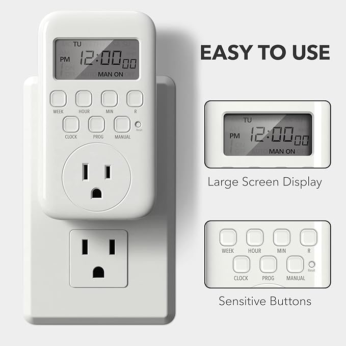 BN-LINK Indoor Digital Timer Outlet, Single Outlet 7 Day Programmable Light Switch, 3 Prong Plug in Timers for Electrical Outlets, Lamps, Fans, 8 On/Off Programs, 1 Pack, 15A/1875W, ETL Listed