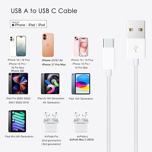 10FT iPhone 15/16/16E/17E Woven USB C Cable for iPhone 17/16/15 Pro Max, Plus,iPad 10th Gen,iPad Pro 12.9/11,iPad Air 5/4th,Mini 6th, AirPods Pro 2nd/3rd gen USB A to USB C Long CarPlay Charger Cord