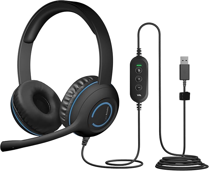 Cyber Acoustics AC-5008A USB Stereo Headset with Microphone for PC – Wired USB Headphones with Mic, Noise Cancelling Computer Headset with in-Line Volume and Mute Controls for Classroom, or Home