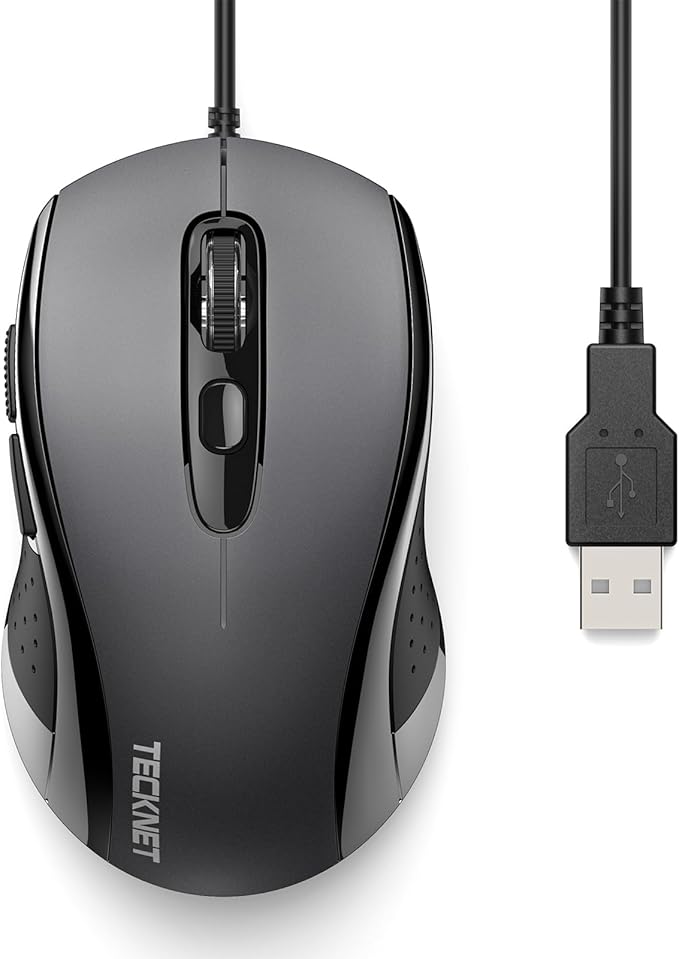 TECKNET USB-A Wired Mouse for Laptop Computer with 2-Button,Home and Office 5FT Corded Mouse, 1600DPI Ergo-Optic Shape PC Mouse Wired for Chromebook,PC,Desktop,Notebook-Black