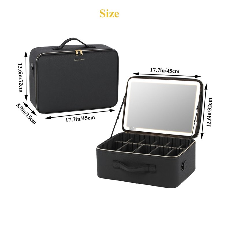 Tense Edano Extra Large PU Cosmetics Train Case with LED Lighted Mirror Rechargeable 3 Color Lights Portable Makeup Artist Organizer with Adjustable Dividers Shoulder Strap (Lighted Cosemtic Case)