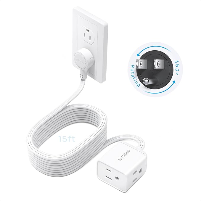 TROND Flat Extension Cord 15ft with 360° Rotating Plug, ETL Listed 3 Prong Power Strip, Low Profile Three Outlets, 13A, SPT 16/3 Gauge, Small for Tight Spaces Indoor Home Office Kitchen Bedroom, White