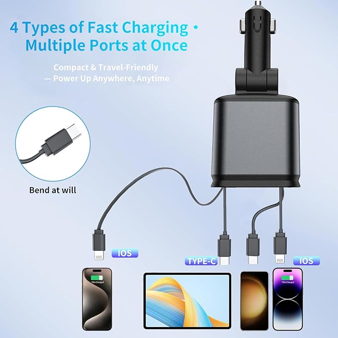 MLVOC 66W Retractable Car Charger with Starlight Projection, 4-in-1 Fast Charging Car Adapter with USB-C & Lightning Cables, Dual Ports, Adjustable Plug for iPhone, Android, Road Trips(Black)