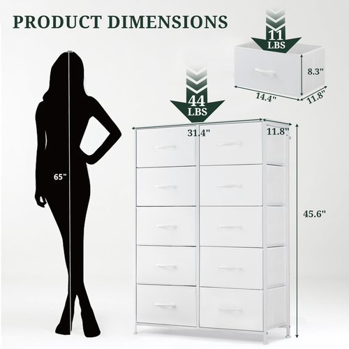 10-Drawer Dresser for Bedroom, Anti-Tip Tall Storage Organizer Chest of Drawers with Wooden Top and Metal Frame Fabric Bins for Closet, Living Room, Hallway, Entryway, White