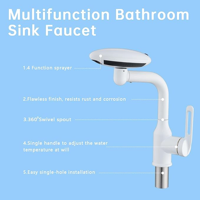 Bathroom Sink Faucet 1 Hole, White Multifunctional Basin Faucet with 4 Water Outlet Modes, Modern 360°Rotatable Bar Tap with Two Water Supply Pipes