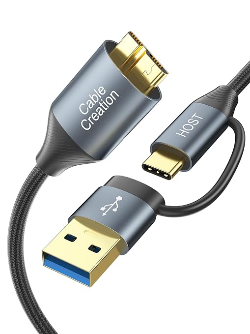 CableCreation 4FT USB C Hard Drive Cable, 5Gbps USB A/C to Micro B, Compatible with iPhone 15/16 Series, WD, Seagate External Hard Drive, Camera, Grey
