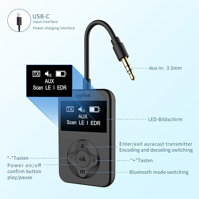 eppfun LE Audio Bluetooth Auracast Transmitter, LC3, AptX Lossless, AptX HD, USBC/3.5mm Aux Inputs, Bluetooth 5.4, Qualcomm Chip, for TV, PC,Airplane,Phones,Party,Church.