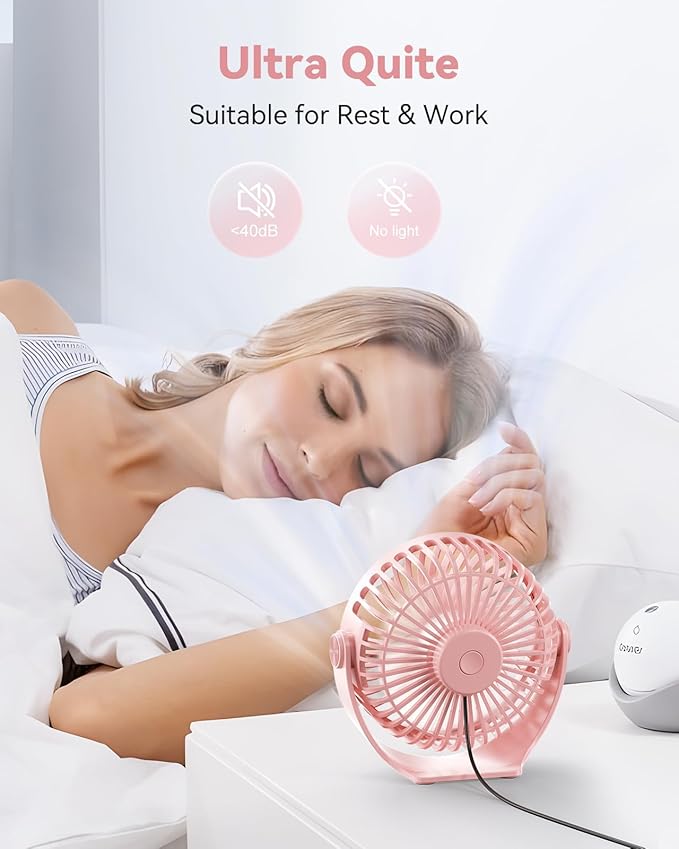 Edvision USB Desk Fan, 5 Inch Mini Portable, 3 Speeds Strong Airflow Personal Desktop, Detachable Cooling Fan 360° Rotation Quiet Small Fan for Desk Home Office Travel Car, Pink, 5ft Cable