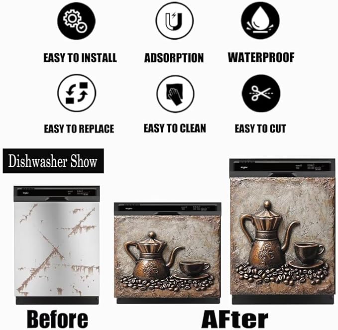 Retro Coffee Magnetic Dishwasher Cover for Kitchen Decorative, Coffee Lover Dishwasher Refrigerator Magnets Decor, Dish Washer Magnet Covers for The Front 23" x 26"