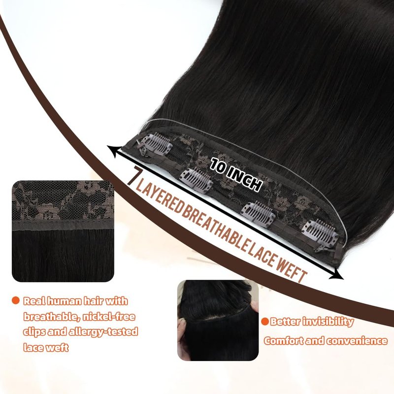 Invisible Wire Hair Extensions Real Human Hair - 14 Inch 70G Chestnut Brown Transparent Fish Line Clip-Ins Hair Piece, 100% Remy Human Hair Extensions for Women
