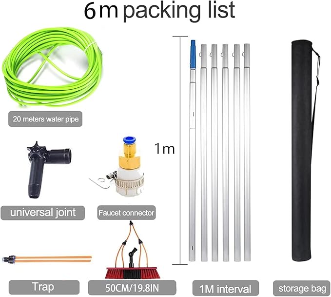 6m/20ft Water Fed Telescopic Window Cleaning Pole Extendable Cleaning Brush, Hose Fed Extendable Extended Window Cleaner Brush Tool Kitï¼30cm Brush 6m Poleï¼