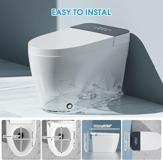 Smart Toilet with Bidet Built In with Warm Water Sprayer and Dryer, Foot Sensor Operation,Heated Seat toilet with LED Display for Bathroom,One Piece Bidet Toilet with Auto Dual Flush