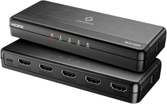 8K HDMI Splitter 1 in 4 Out (Mirror Only) – HDMI 2.1 8K@60Hz, 4K@240Hz DSC, 4K@120Hz, Auto Downscaling, 48Gbps, HDCP 2.3, Duplicate Screens for Multiple Monitors, TV, PS5, Xbox