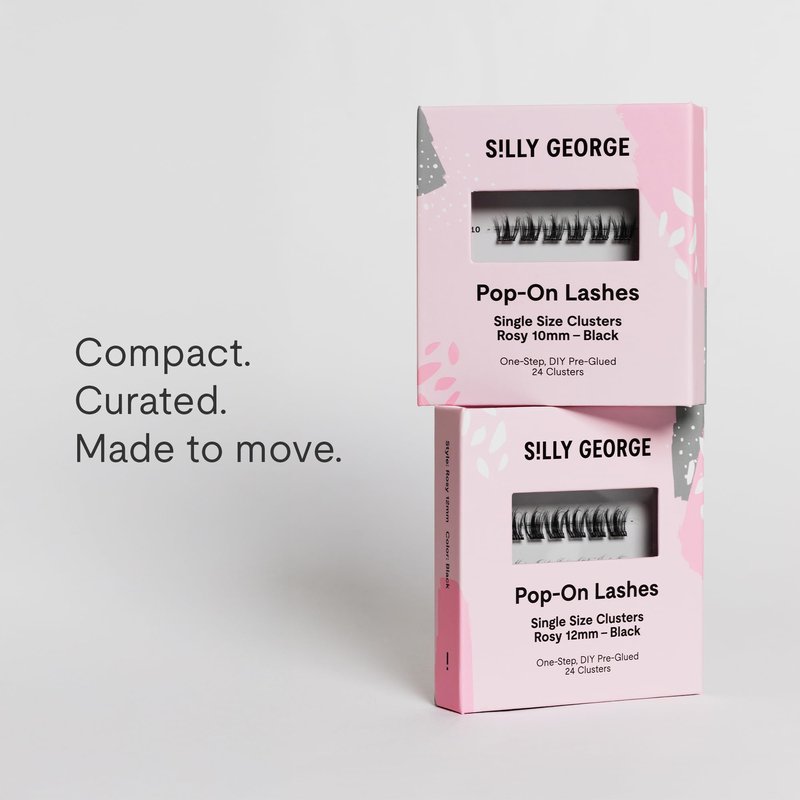 Silly George Single-Size Pop-On Lashes - DIY 1-Step Pre-Glued Faux Eyelash Cluster Kit, Natural Look Extensions, Pack of 24 Individual Clusters, Black - Rosy, 10mm