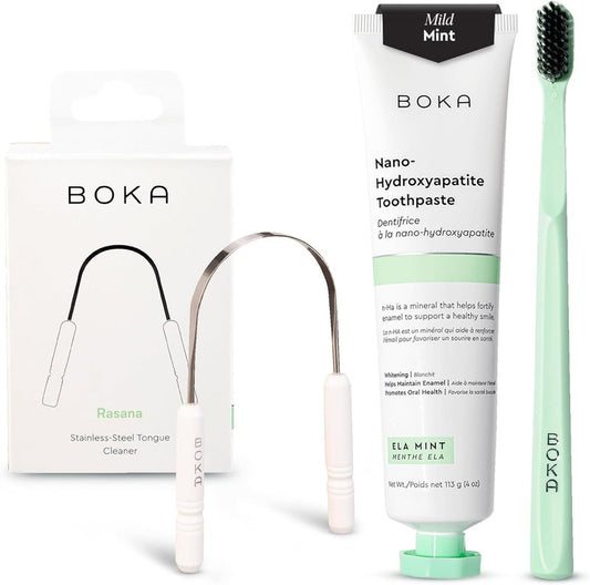 Fluoride Free Toothpaste - Nano Hydroxyapatite Mint 4oz | Classic Manual Toothbrush & Tongue Scraper Set for Adults & Kids