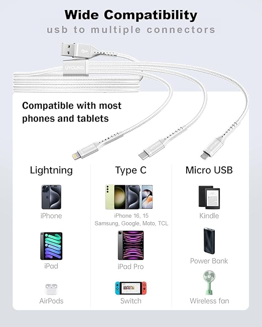 Short Multi Charging Cable 1FT 2Pack 3 in 1 Charger Cord Braided Universal Phone Cords with Lightning/Type C/Micro USB Connectors, Multiple USB Cable for iPhone/Samsung/Google Cell Phones and More