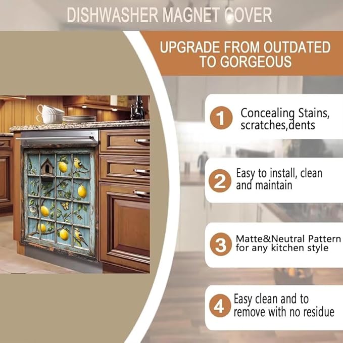 Rustic Kitchen Decor Dishwasher Magnet Cover Decal, Lemon Bird Birdhouse, Magnetic Dish Washer Panel Door Vinyl Sticker, Refrigerator Magnets,Easy to Clean, 23 x 26 inch