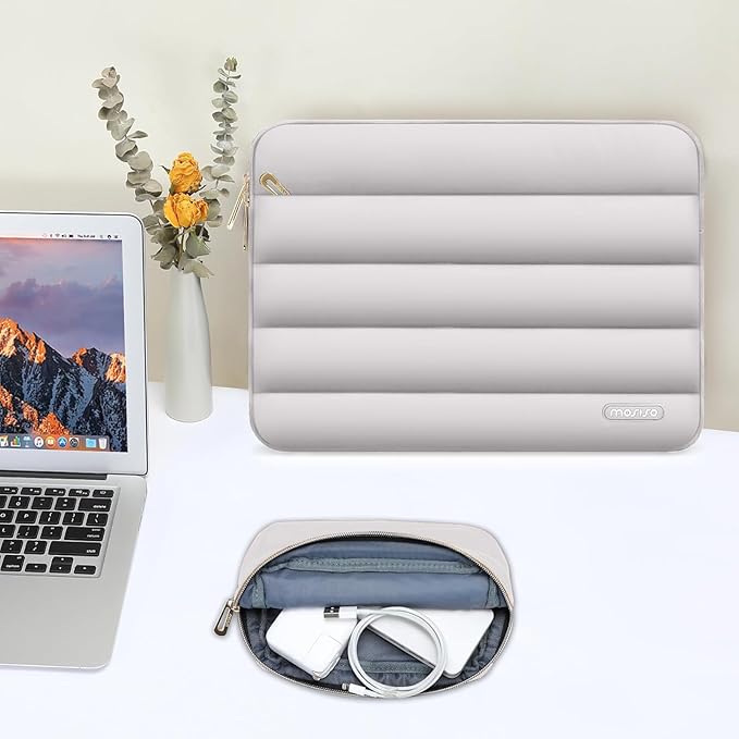 MOSISO Laptop Case 13.3 inch,13-13.3 inch Puffy Laptop Sleeve Compatible with MacBook Neo/Air 13.6 M5 M4 M3 M2 M1/Pro 13/14,HP Dell ASUS Lenovo,Polyester Horizontal Bag with Small Case, Gray