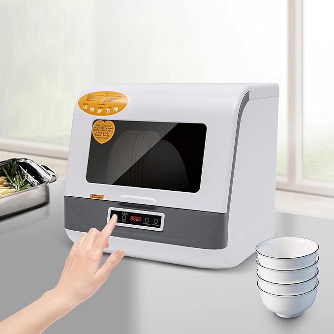 Countertop Dishwasher, 110V 800W Portable Compact Tabletop Dishwasher with 3 Washing Programs, Automatic Dish washer with Water Pipe, Cleaning Machine for Household Kitchen Apartment Boat (White)