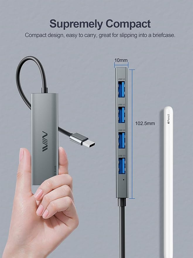 USB 3.0 Hub, 4 Port USB Hub Splitter, USB A Expander Portable USB Adapter Multiport Data Hub for Laptop, iMac Pro, MacBook Air, Mac mini/Pro, Surface Pro, USB Flash Drives, and Mobile HDD-Grey