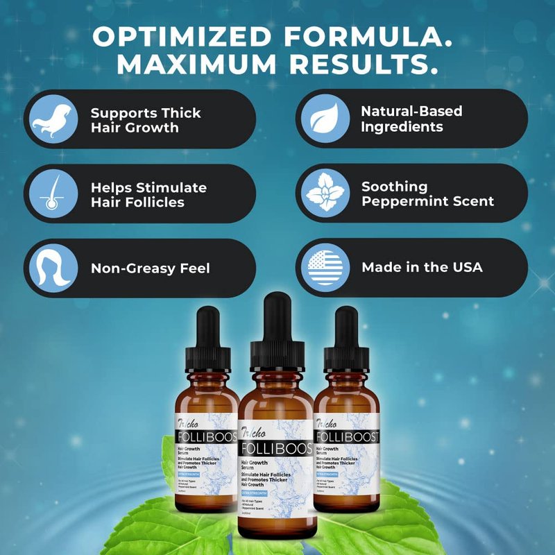 Tricho Labs Folliboost Hair Growth Serum - Natural-Based Formula w/Biotin & Peppermint Oil - Hair Care for Thicker & Fuller Hair - 2oz