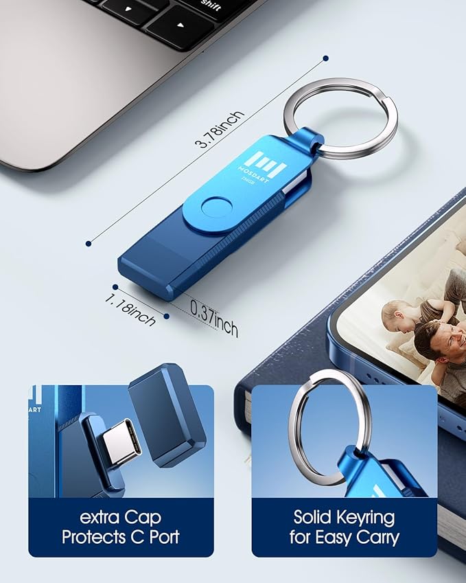 MOSDART 256GB Dual USB C 3.2 Flash Drive, Speed Up to 150MB/S Thumb Drive with Keychain, for iPhone 15,16, 17, Android Phone, iPad, MacBook, and Laptops, Navy Blue