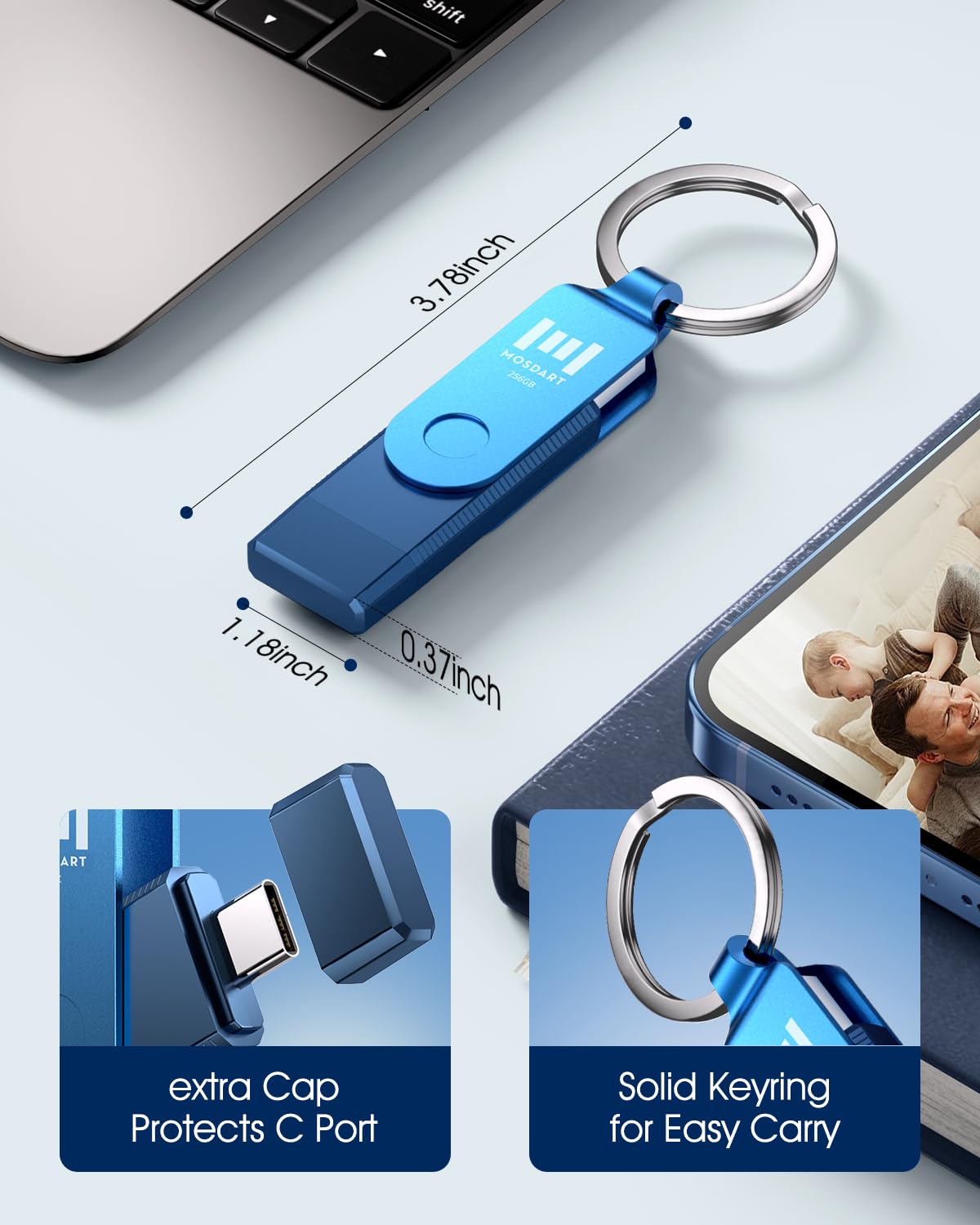 MOSDART 256GB Dual USB C 3.2 Flash Drive, Speed Up to 150MB/S Thumb Drive with Keychain, for iPhone 15,16, 17, Android Phone, iPad, MacBook, and Laptops, Navy Blue