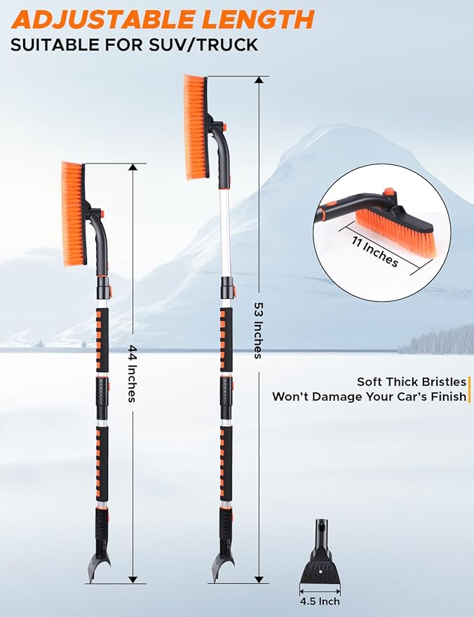 EcoNour 53â³ 3 in 1 Extendable Snow Brush with Ice Scraper for Car Windshield | 360Â° Pivoting Long Snow Brush for SUV, Truck, and Car | Winter Car Accessories