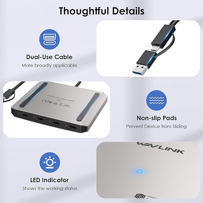 WAVLINK 4-Port HDMI Splitter, USB C to Quad Monitor 4K Adapter, Universal USB A to HDMI Extended Dual Triple Display for Windows, MacBook Neo, Mac M1-M5 Driver Required