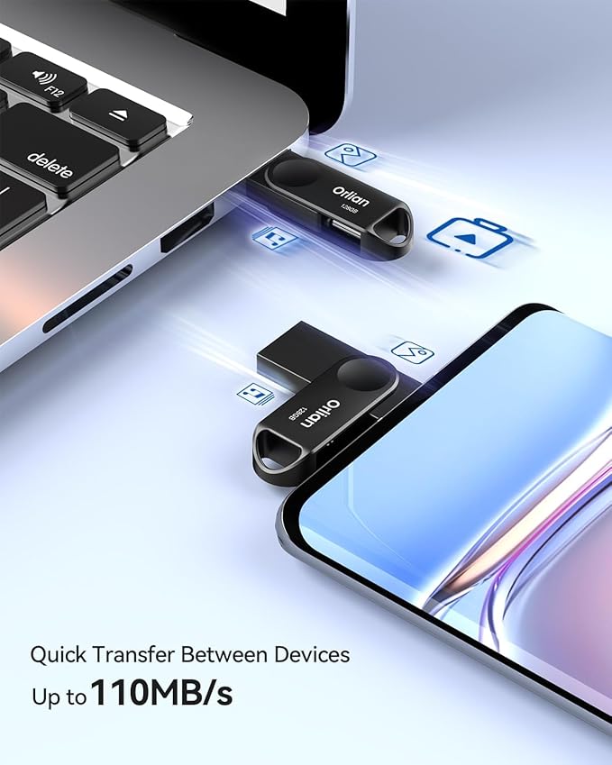 Orlian 128GB USB C Flash Drive Dual USB 3.0 Thumb Drive Type-C & USB-A 110MB/S Metal UDP Waterproof Swivel Design Memory Stick for Phone Android Tablet iPhone 15/16/17 Computer PC and More Black