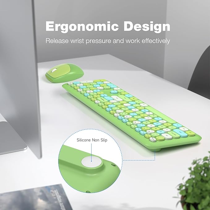 KNOWSQT Wireless Keyboard and Mouse Combo, Pale Green Full-Sized 2.4G Silent Keycap Colorful Keyboards, USB Dongle Plug Play, Laptop, Windows, PC, Mac, Desktop