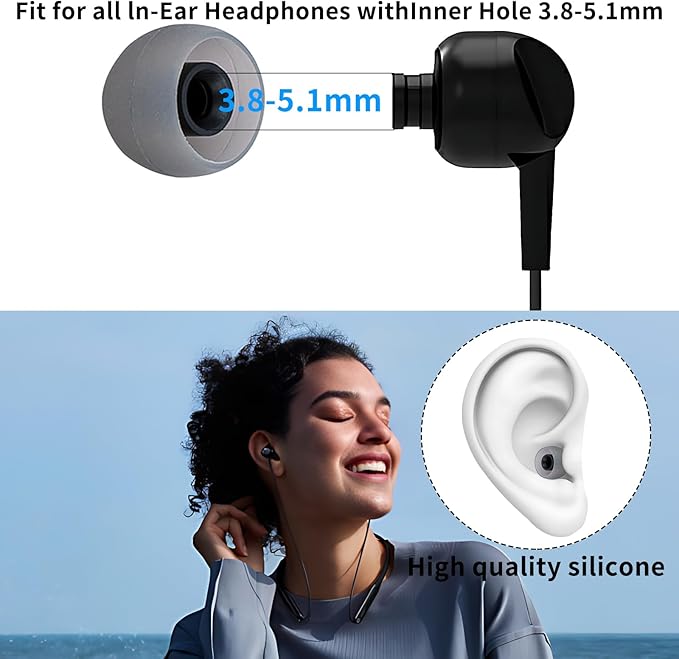 TSZYYM Earbud Tips Soft Anti Slip Washable Reusable Silicone Fit Most In-Ear Earbuds (Inner Hole 3.8mm-5.1mm) 18pcs S M L