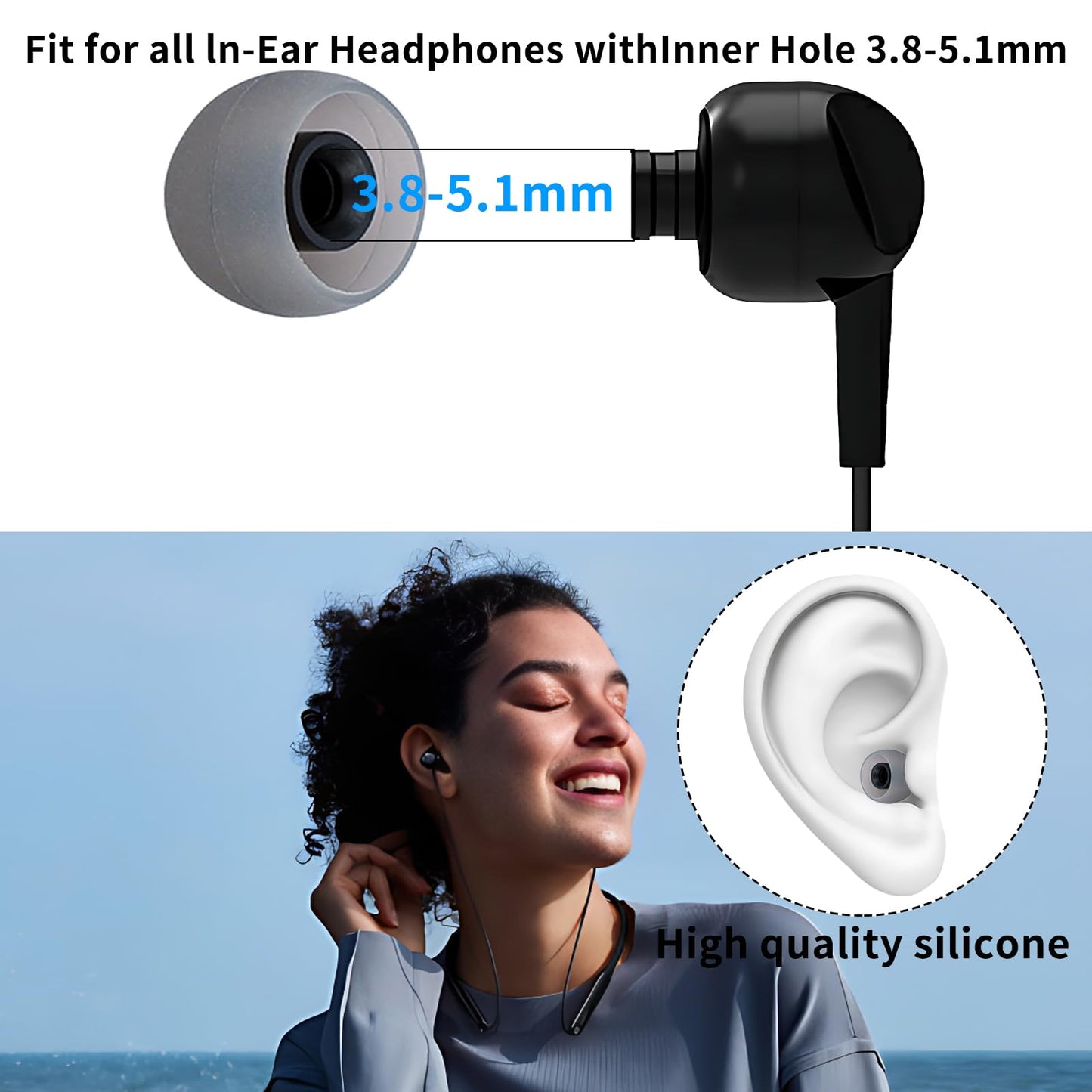 TSZYYM Earbud Tips Soft Anti Slip Washable Reusable Silicone Fit Most In-Ear Earbuds (Inner Hole 3.8mm-5.1mm) 18pcs S M L
