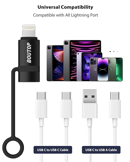 BOUTOP [MFi Certified] 36W USB C to Lightning Cable Adapter, Support Data Sync/PD Fast Charging Compatible with iPhone iPad AirPods, with Anti-Lost Holder - Black 2 Pack