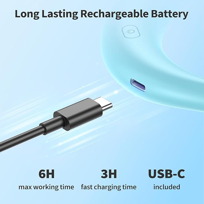 Portable Neck Fan, 2600mAh Battery Operated, Ultra Quiet Hands Free USB Fan with 3 Speeds, Strong Wind, 360° Adjustable High Flexibility Wearable Personal Fan for Sport Office Outdoor Travel-Cyan